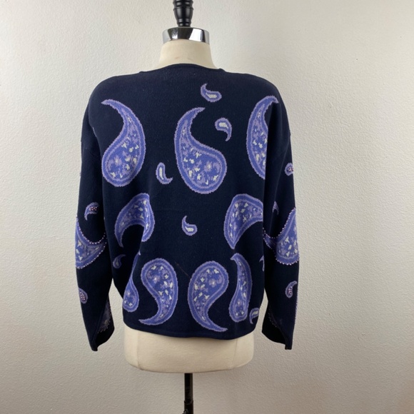 Vintage 80s Knit Cardigan Large Open Pappagallo Dark Blue Purple Beaded Paisley - Picture 5 of 9